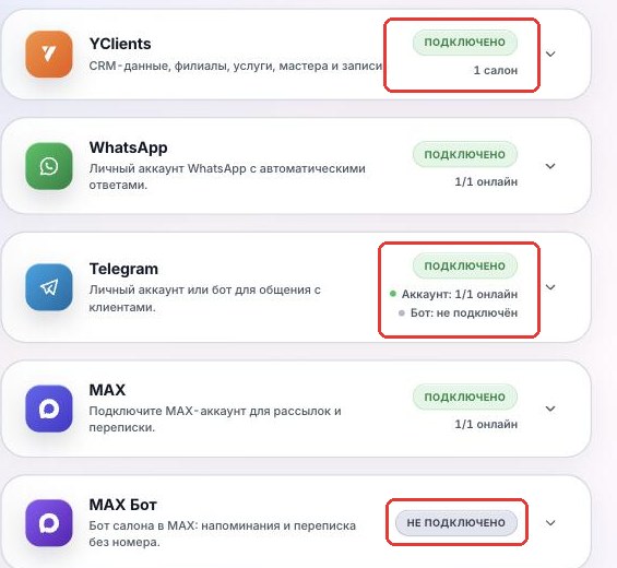 Список карточек в «Интеграциях»: справа статус каждого канала и число номеров онлайн