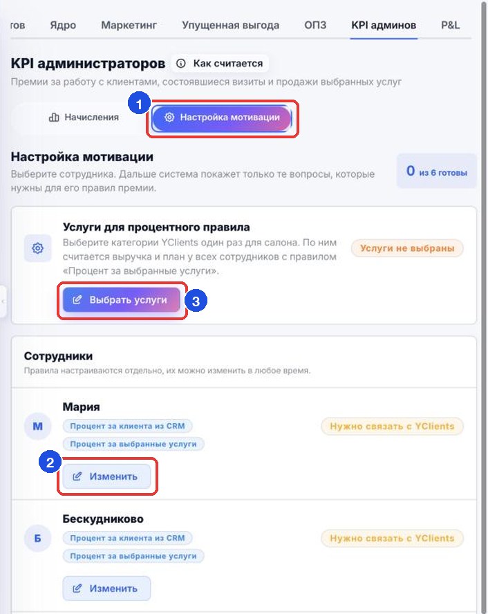 Режим «Настройка мотивации» (1): кнопка «Изменить» у сотрудника (2) и «Выбрать услуги» для процентного правила (3)