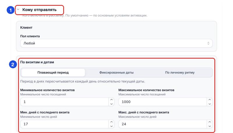 Раскрытый блок «Кому отправлять» (1) и условия «По визитам и датам» в режиме «Плавающий период» (2)