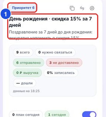 Карточка активации «День рождения» в списке