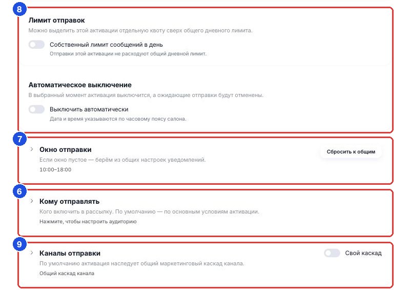 Нижние блоки формы: «Кому отправлять» (6), «Окно отправки» (7), «Лимит отправок» и «Автоматическое выключение» (8), «Каналы отправки» (9)