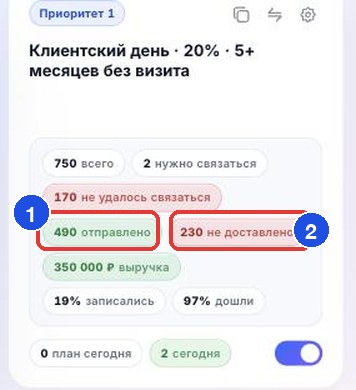 Цифры «отправлено» (1) и «не доставлено» (2) на карточке открывают историю