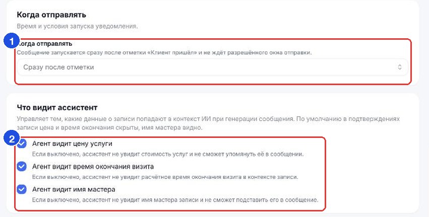 «Когда отправлять: сразу после отметки» и «Что видит ассистент»