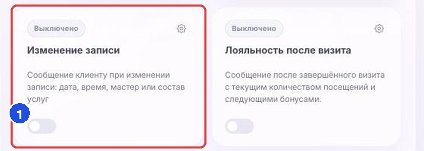 Карточка «Изменение записи» на экране «Сервисные» с переключателем