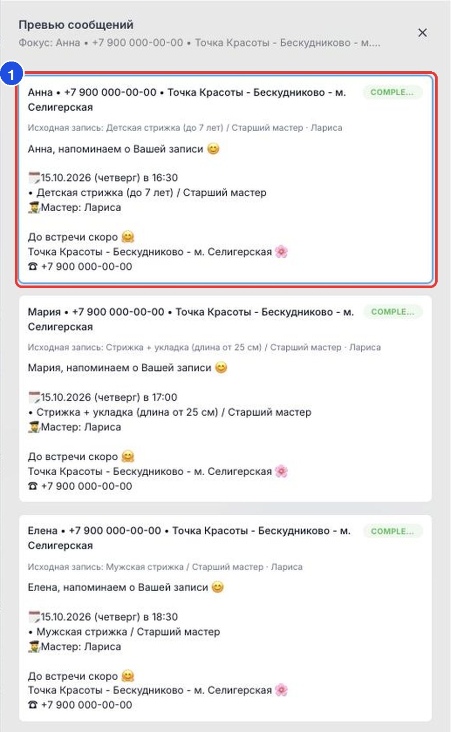 Окно «Превью сообщений»: исходная запись и готовый текст для каждого клиента