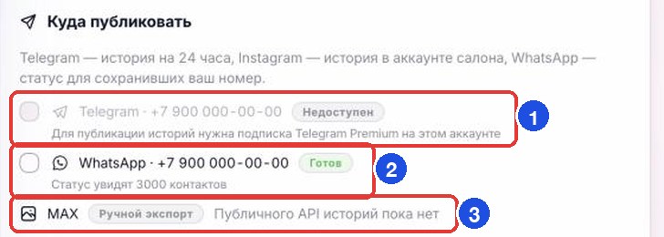 «Куда публиковать»: Telegram «Недоступен» с причиной (1), WhatsApp «Готов» (2), MAX «Ручной экспорт» (3). Публикуют только отмеченные галочкой аккаунты