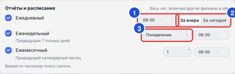 Блок «Отчёты и расписание»: время, период и день недели